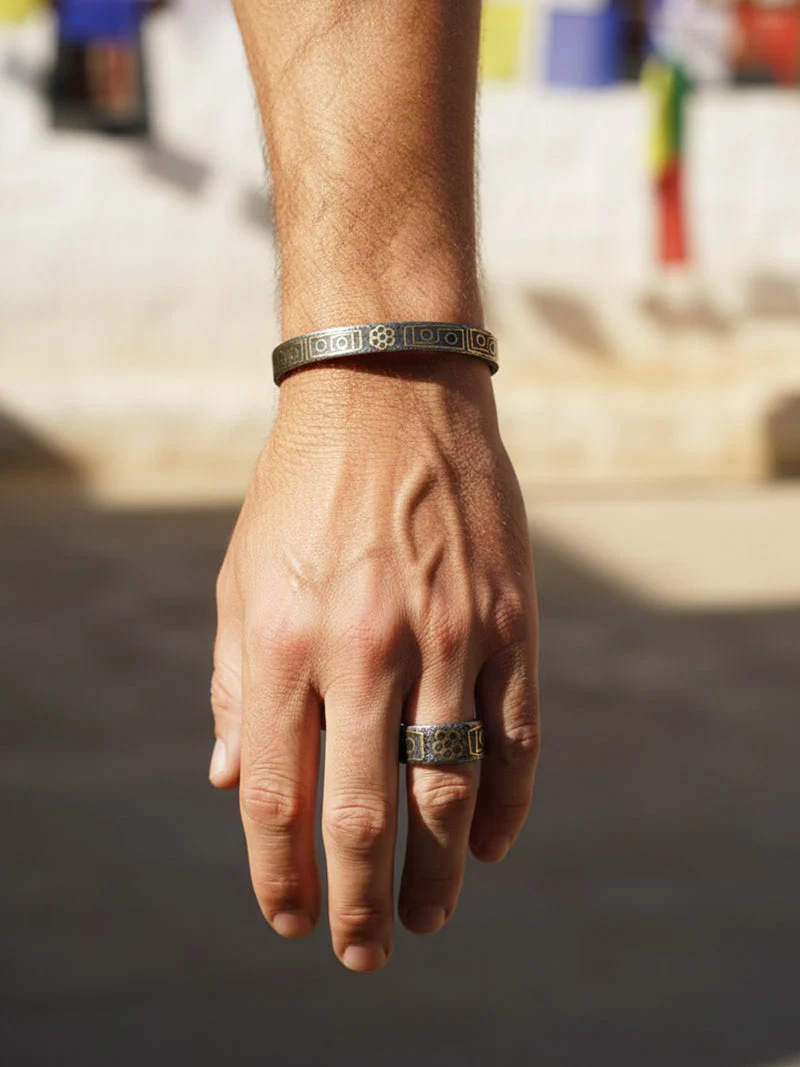 Tibetan Thokcha Iron Eight Auspicious Symbols Cuff Bracelet
