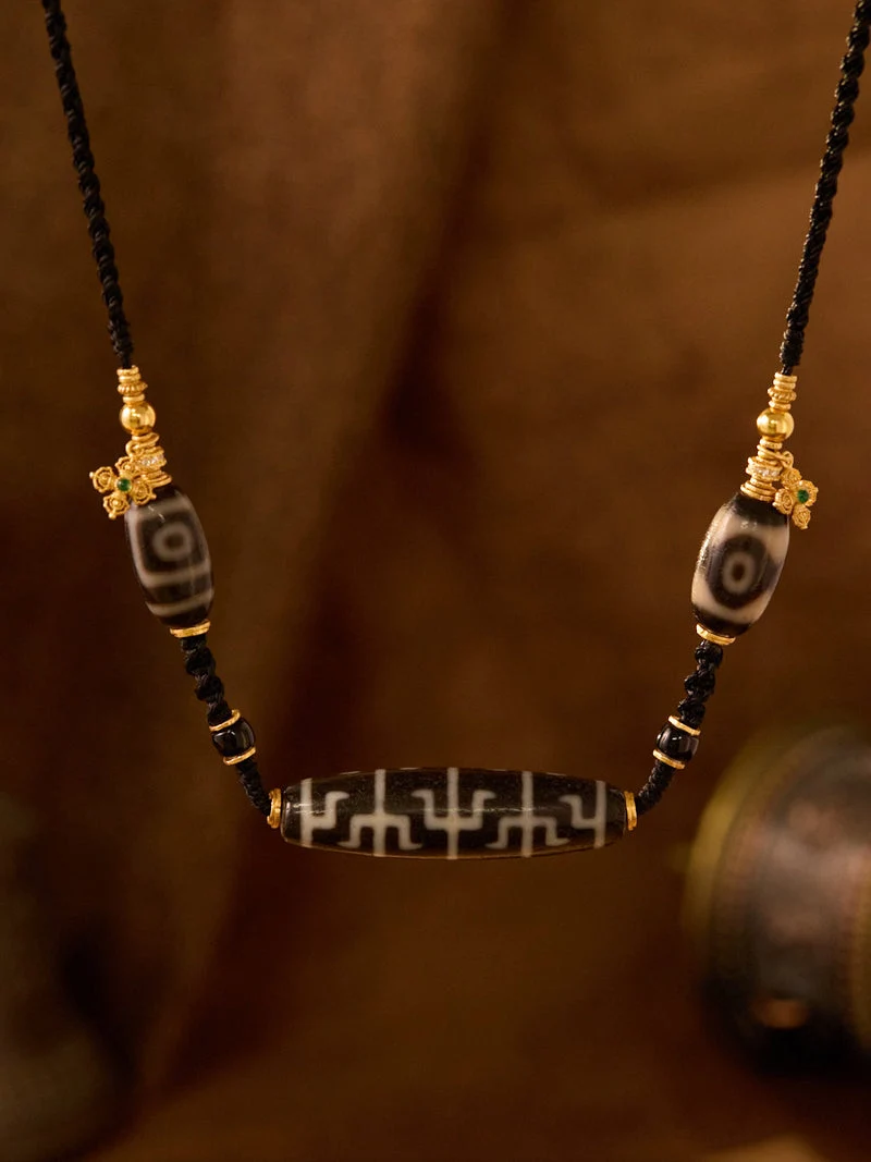 Boundless Gaze Two-Eyed Dzi Pair & Three-Eyed Dzi Agate Gold-Plated Silver Pendant