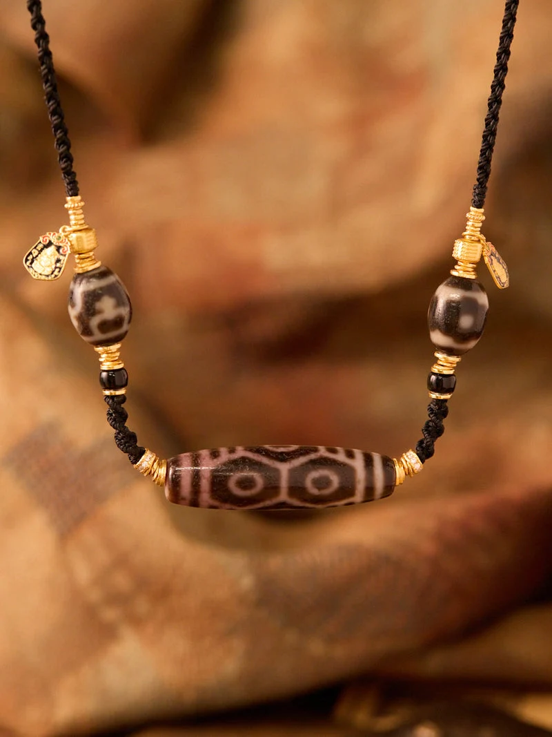 Fearless Protection Agate Dragon Six-Eyed and Dalo Tibetan Dzi Necklace