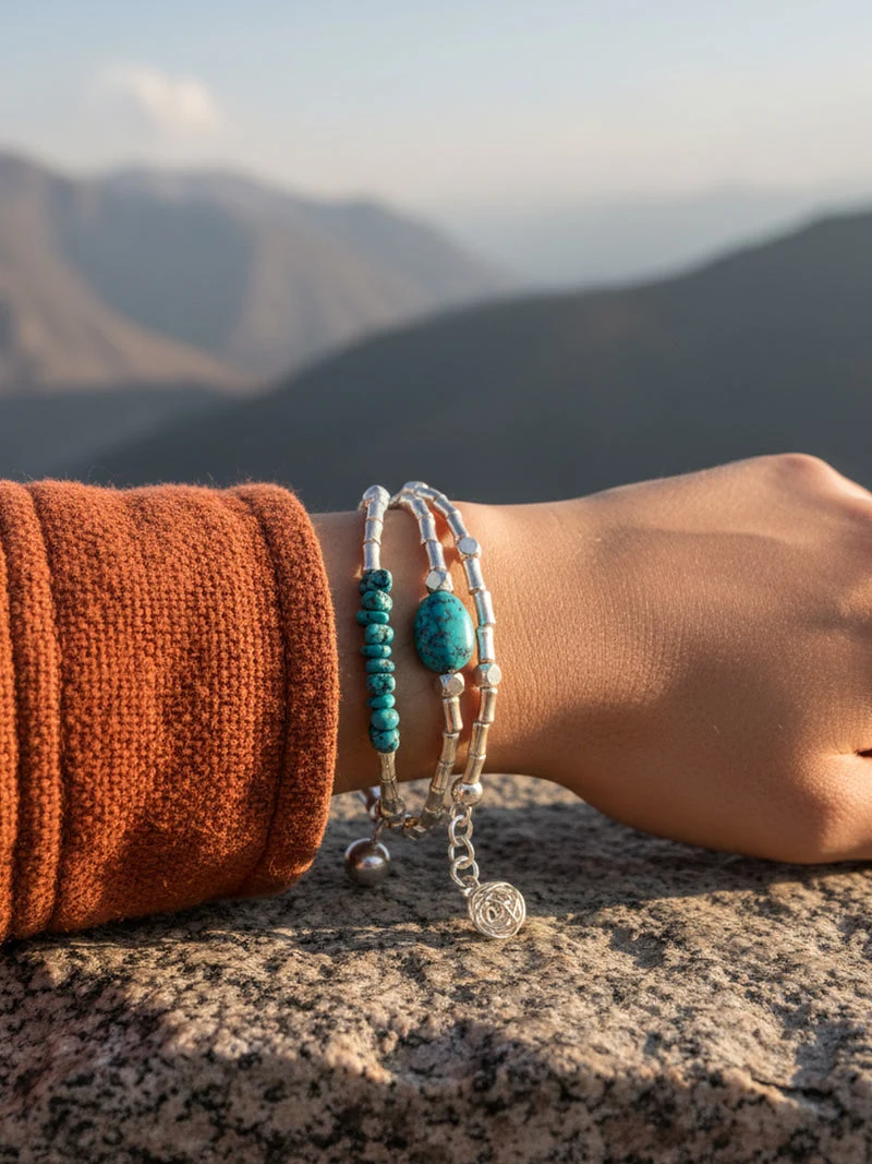 Himalayan Sky Guardian Raw Turquoise Silver Layered Bracelet