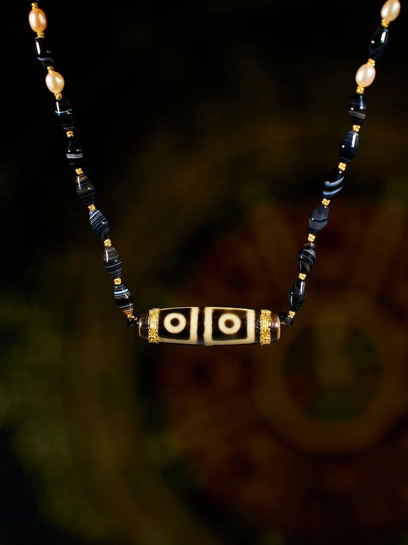 Harmonious Wisdom Four-Eyed Agate 18K Gold & Silk Pearl Dzi Necklace