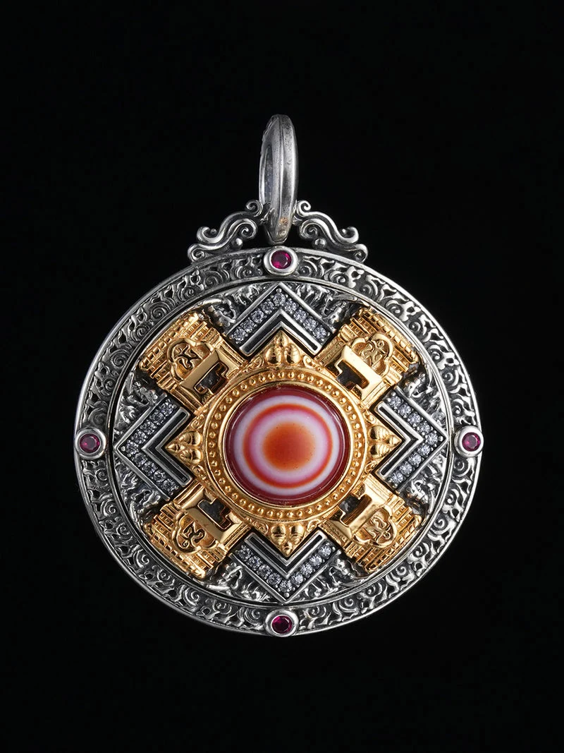 Mandala Red Agate Eye Necklace— Sterling Silver Version