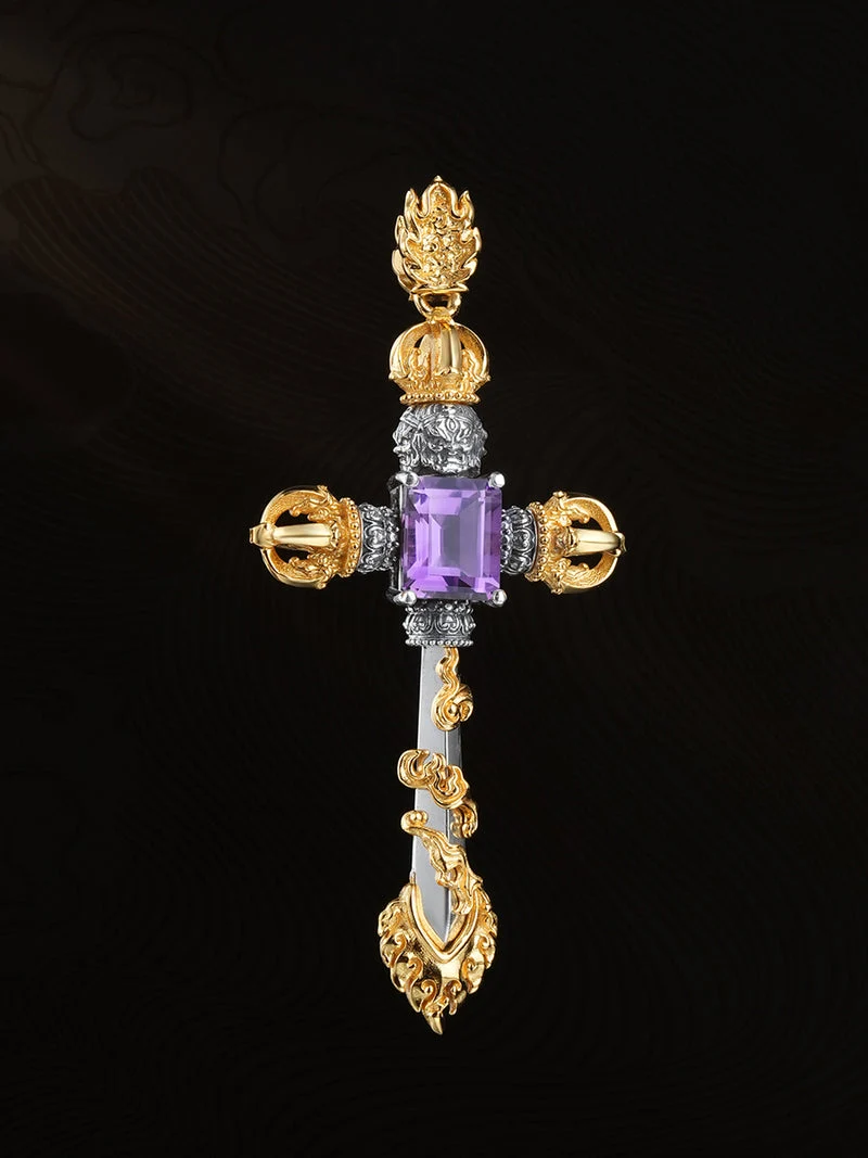 Inner Peace Insight Tibetan Amethyst Cross Vajra Protector Necklace