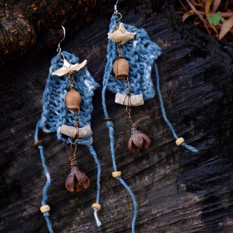 Calm Essence Handmade Earrings with Indigo Cotton and Natural Elements