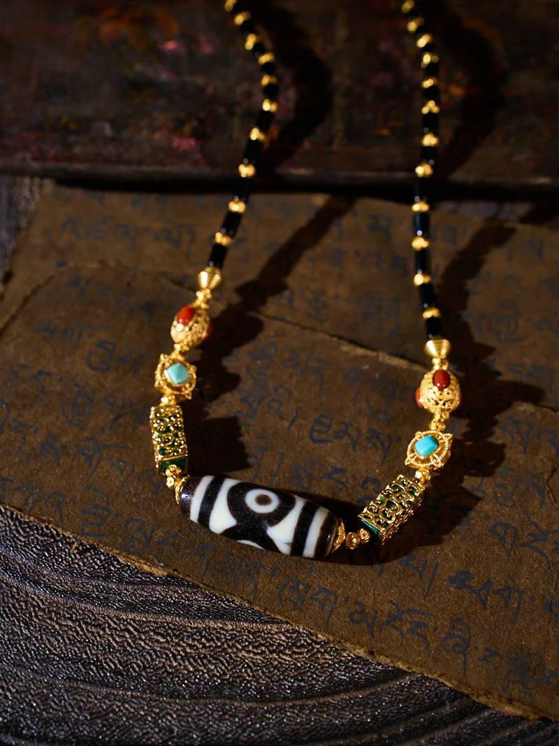 Wealth Protection Three-Eyed Dzi Black Agate Panda Handmade Necklace