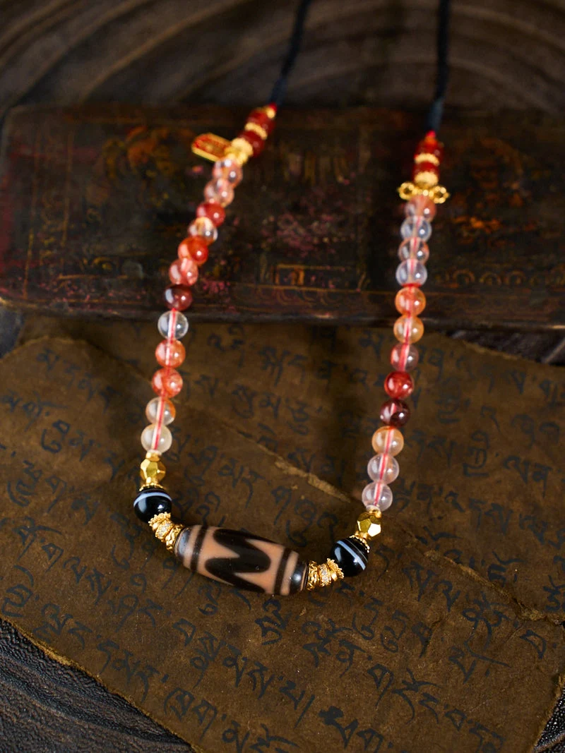 Protection Tiger Tooth Dzi Phoenix Feather Phantom Quartz Handmade Necklace