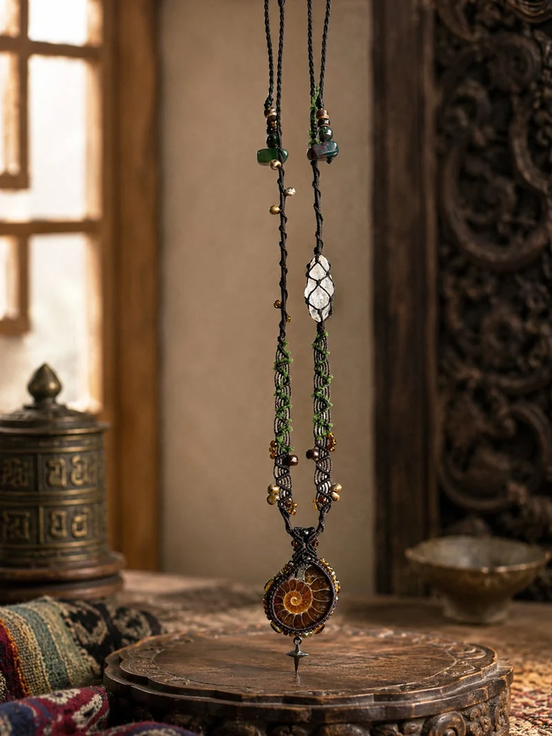 Ancient Wisdom Spiritual Ammonite Clear Quartz Necklace
