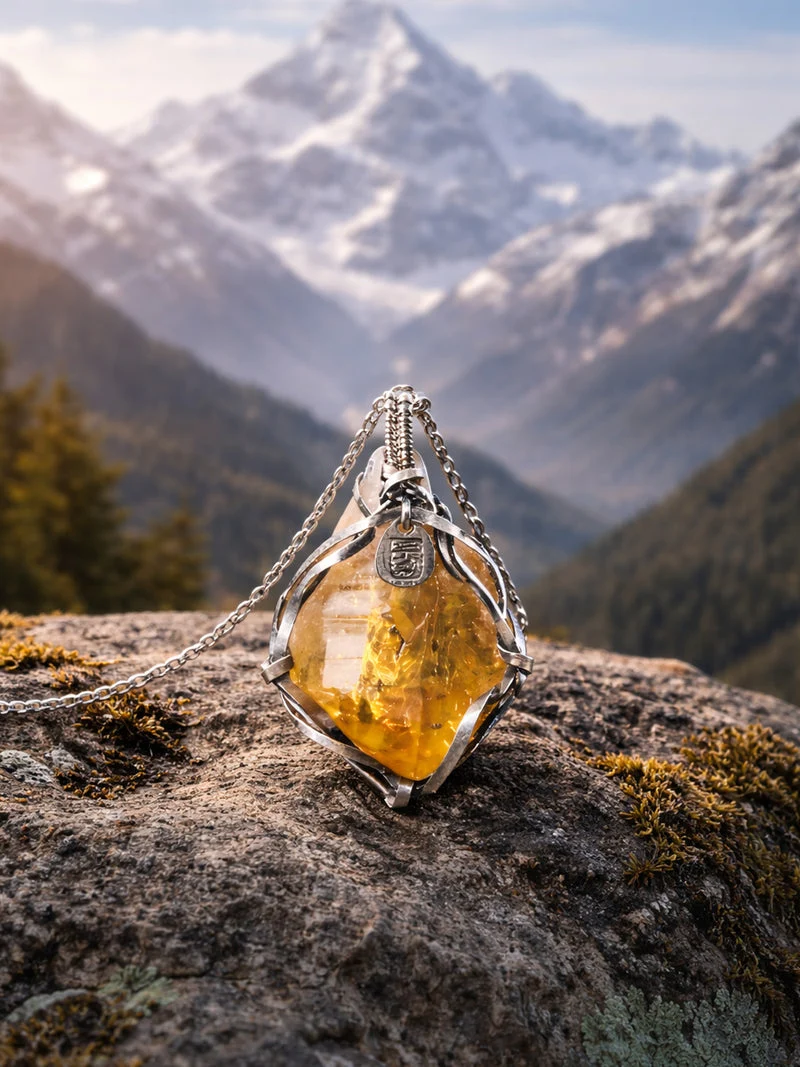 Amber pendant on a chain against a mountainous landscape
