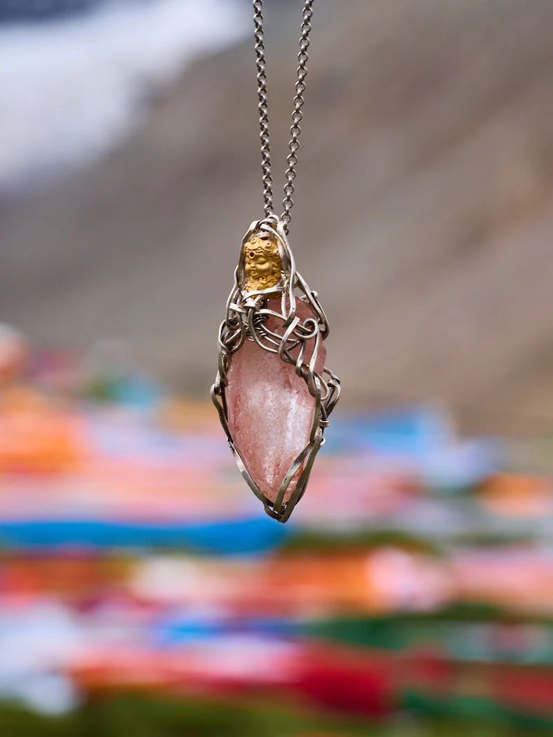 Compassion Rose Quartz Green Tara Totem Silver Necklace