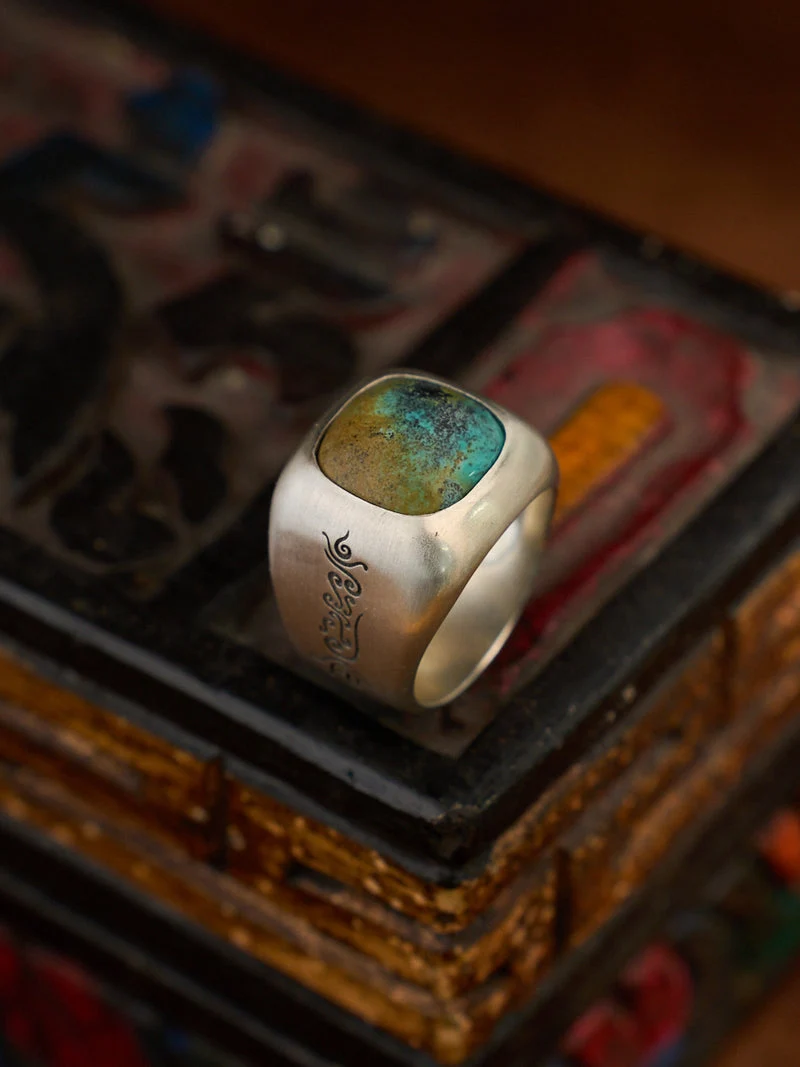 Heaven Earth Union Raw Turquoise Tibetan Silver Ring