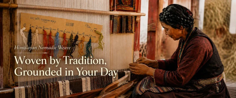 A woman in traditional clothing sits at a wooden loom weaving fabric, with a textile panel and the text 'Woven by Tradition, Grounded in Your Day' overlaid on the left side.