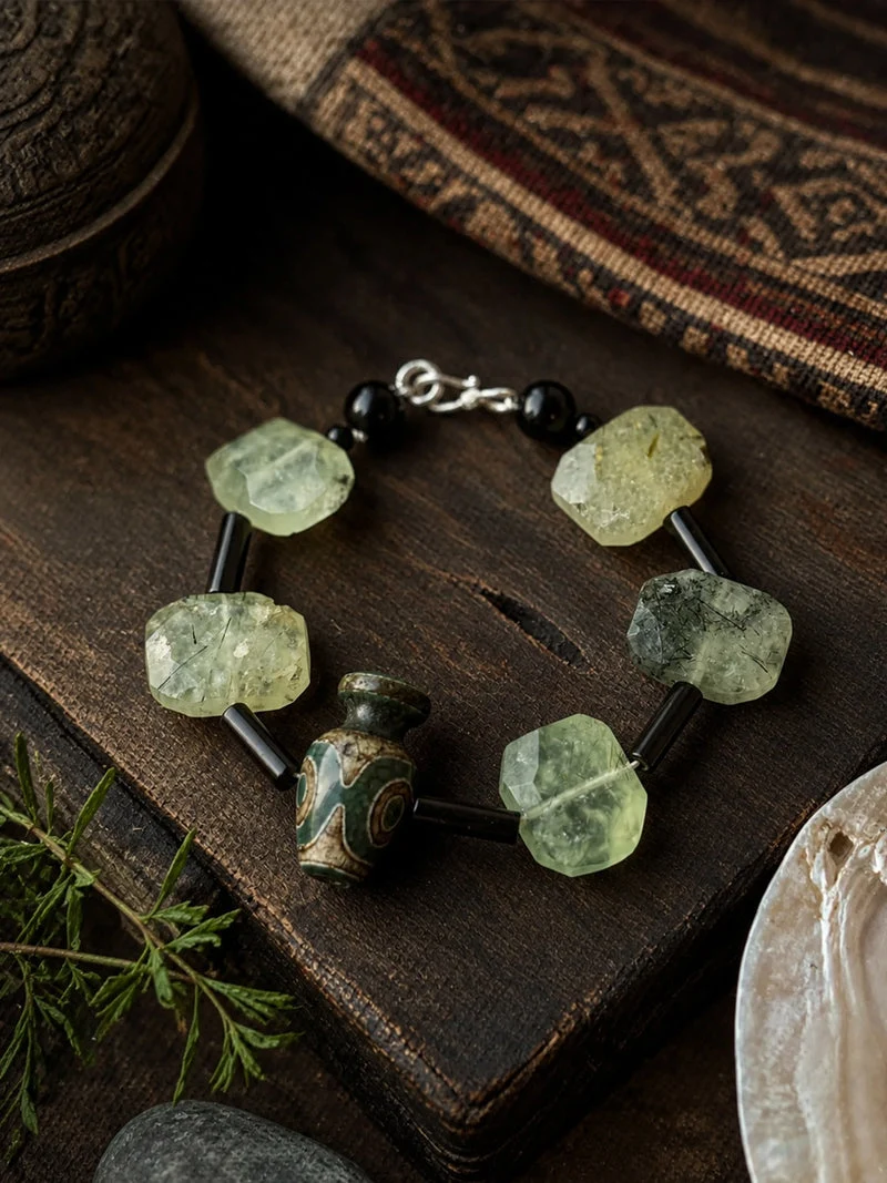 Sacred Protection Ancient Agate Dzi Prehnite Bracelet