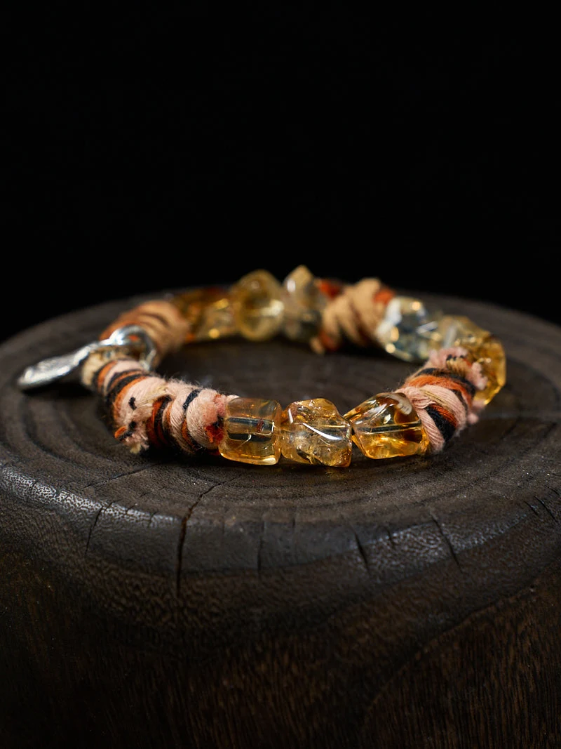 Citrine Chunk Tibetan Thread Silver Charm Bracelet