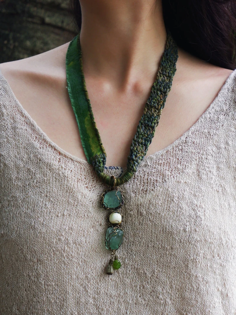 Clarity Handwoven Plant-Dyed Vintage Cloth Herkimer Diamond Necklace & Earrings