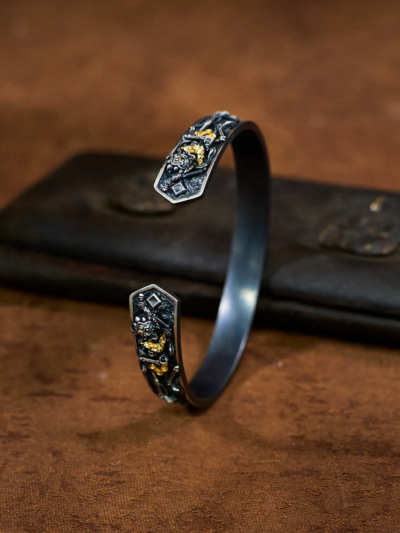 Spiritual Protection Cuff Bracelet Śmaśāna-Adhipati Silver Plated with Zircon