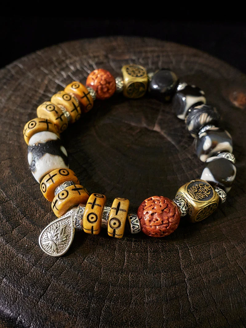 Prosperity Protection Dzi Bone Cinnabar Sterling Silver Bracelet