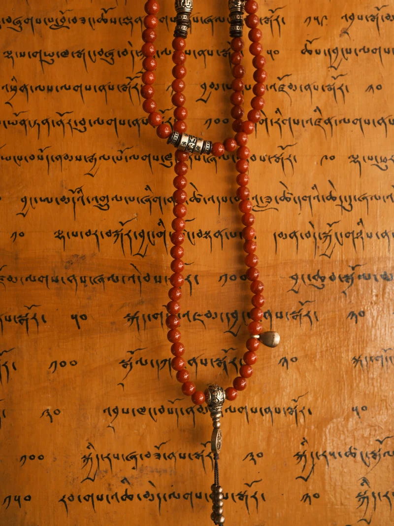 Health Protection Red Agate Obsidian Copper 108 Mala Necklace