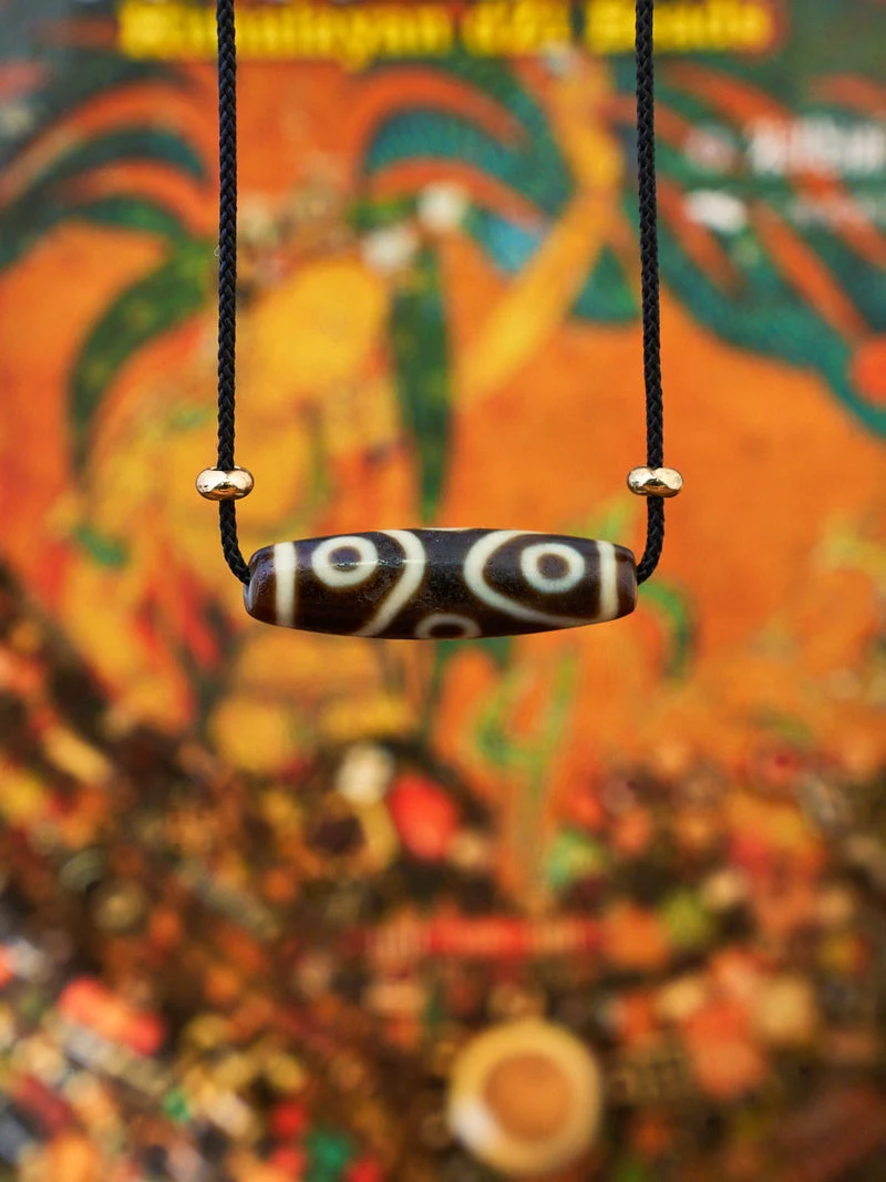 Tibetan Antique Five Eye Dazi Bead Gold Black Cord Necklace Ancient Craft Tibet