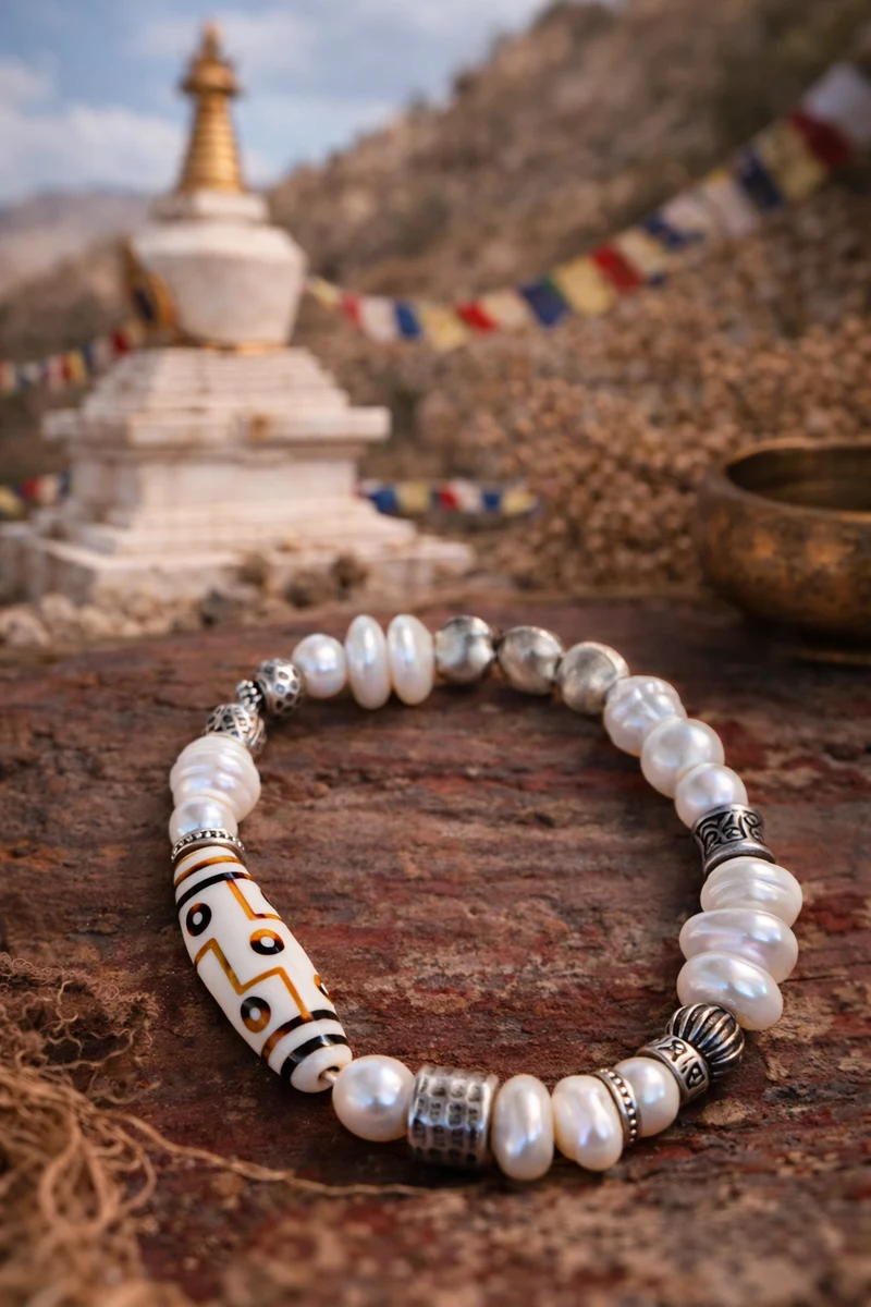 Pure Celestial Blessing Pearl Antler Dzi Bead Silver Bracelet
