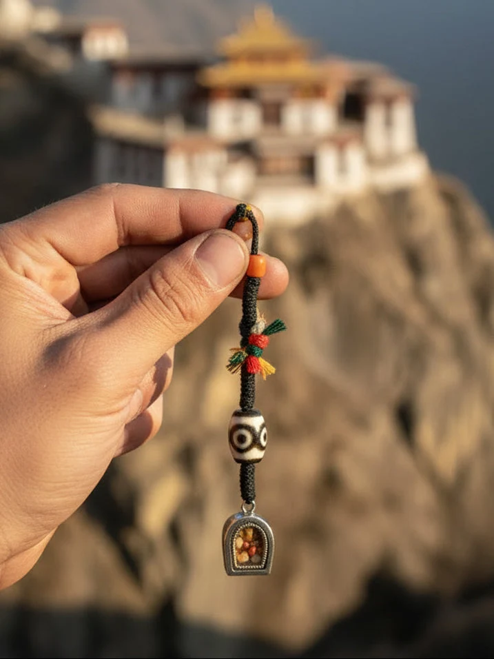 Three-Eyed Dzi Tibetan Silver Braided Keychain Charm
