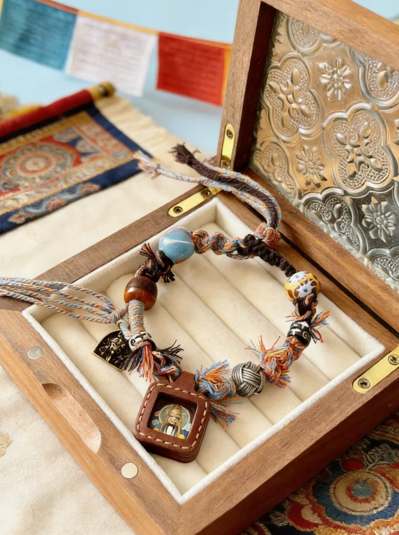Bracelet with decorative elements in a wooden jewelry box