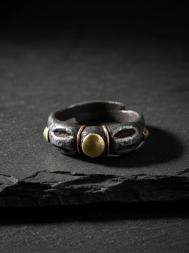Avalokiteshvara Festival Blessed Tibetan Thokcha Iron Open Ring - Gold Accent, QR Verified