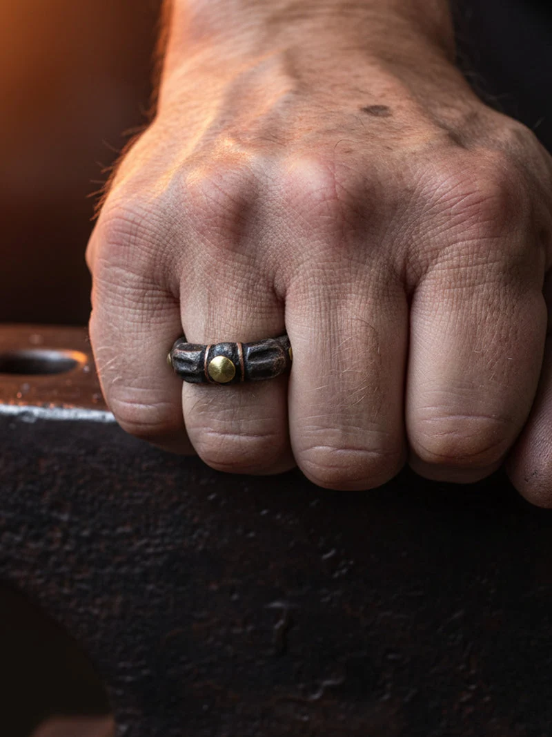 Avalokiteshvara Festival Blessed Tibetan Thokcha Iron Open Ring - Gold Accent, QR Verified